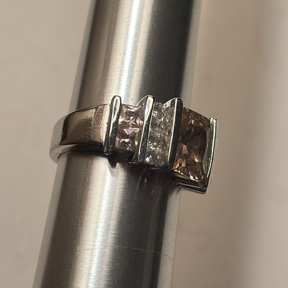 Silver Tone Square Cut Light Pink and clear crystal statement cocktail ring 7 - Picture 3 of 8